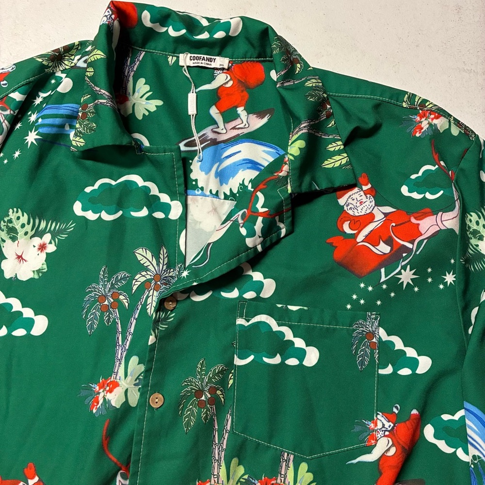 Coofandy 3XL Surfing Santa Button-Front Shirt Hawaiian Christmas Green Xmas